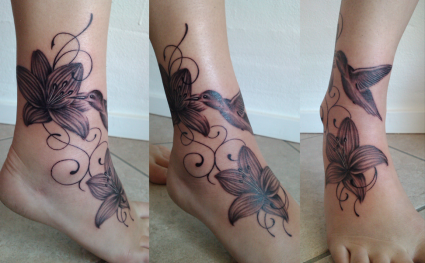 Flower And Hummingbird Pic Tattoo On Ankle